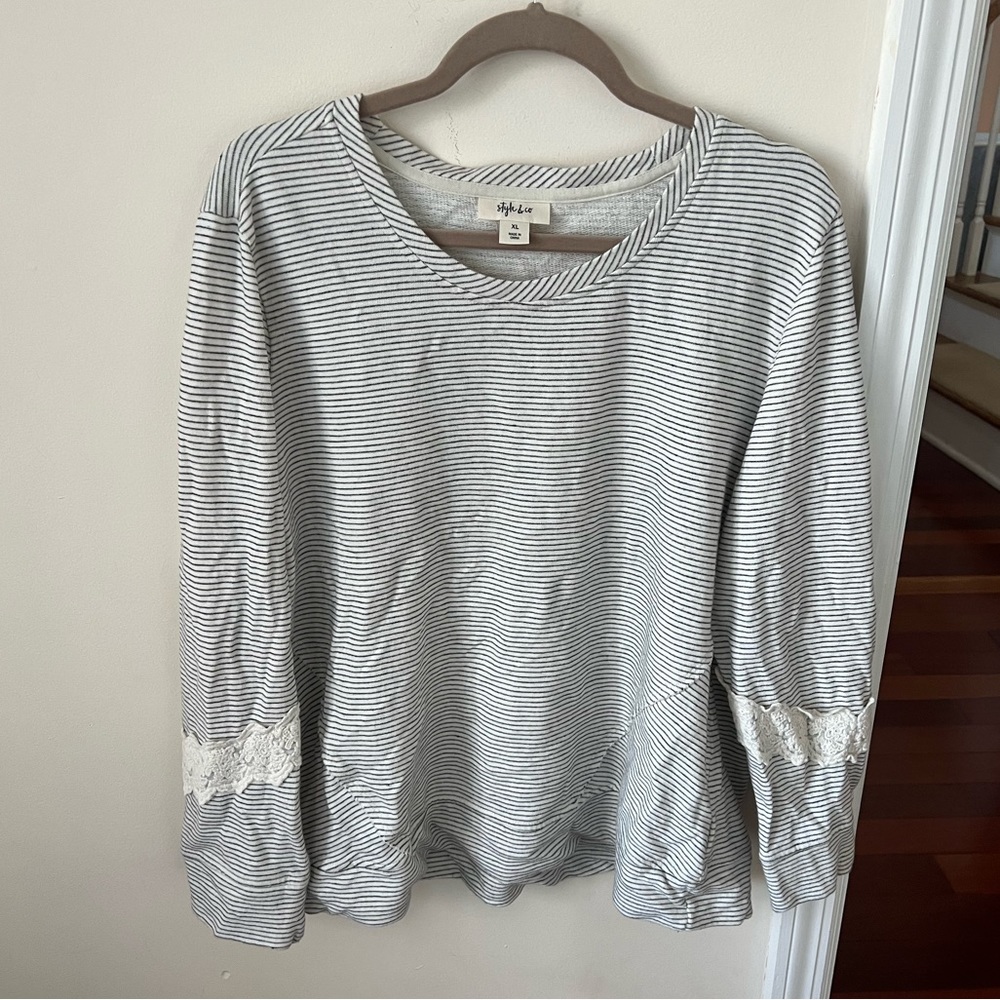 Women’s Black & White Stripe Pullover Sweatshirt with Lace Wrist Detail